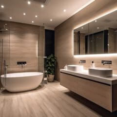 Modern bathroom with a large freestanding white bathtub, double sink vanity with wall-mounted faucets, backlit mirror, and glass-enclosed shower. The space has wooden accents, recessed lighting, and a potted plant, creating a serene and luxurious atmosphere.