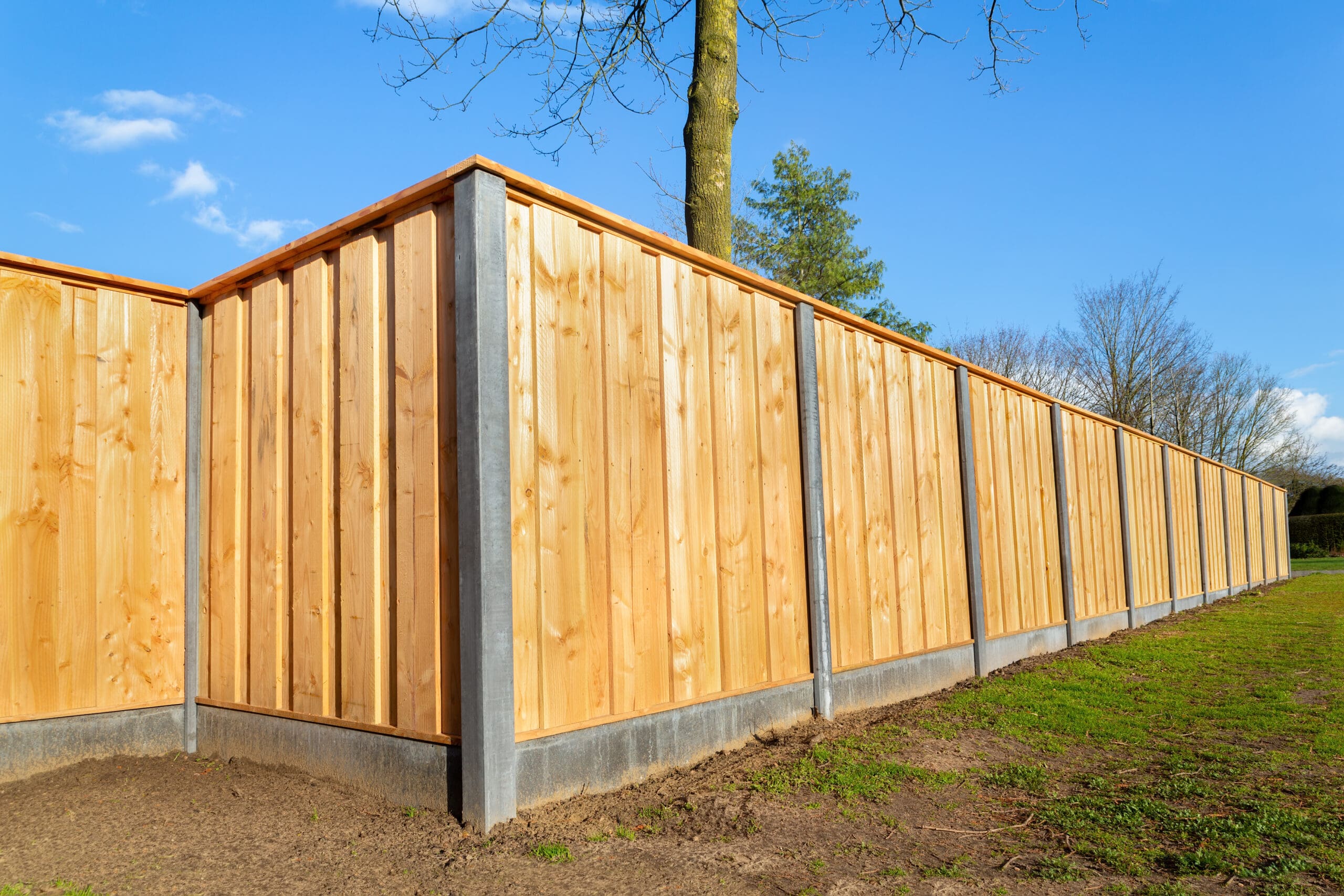 A long wooden fence with vertical slats and metal posts stands on a grassy area. The fence separates the foreground from a background of trees and a blue sky with scattered clouds.