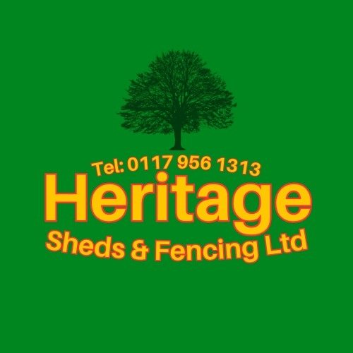 A green background featuring the logo of Heritage Sheds & Fencing Ltd. The logo has a tree at the top, with the text "Tel: 0117 956 1313" in orange, and "Heritage Sheds & Fencing Ltd" in large, bright yellow letters beneath it.