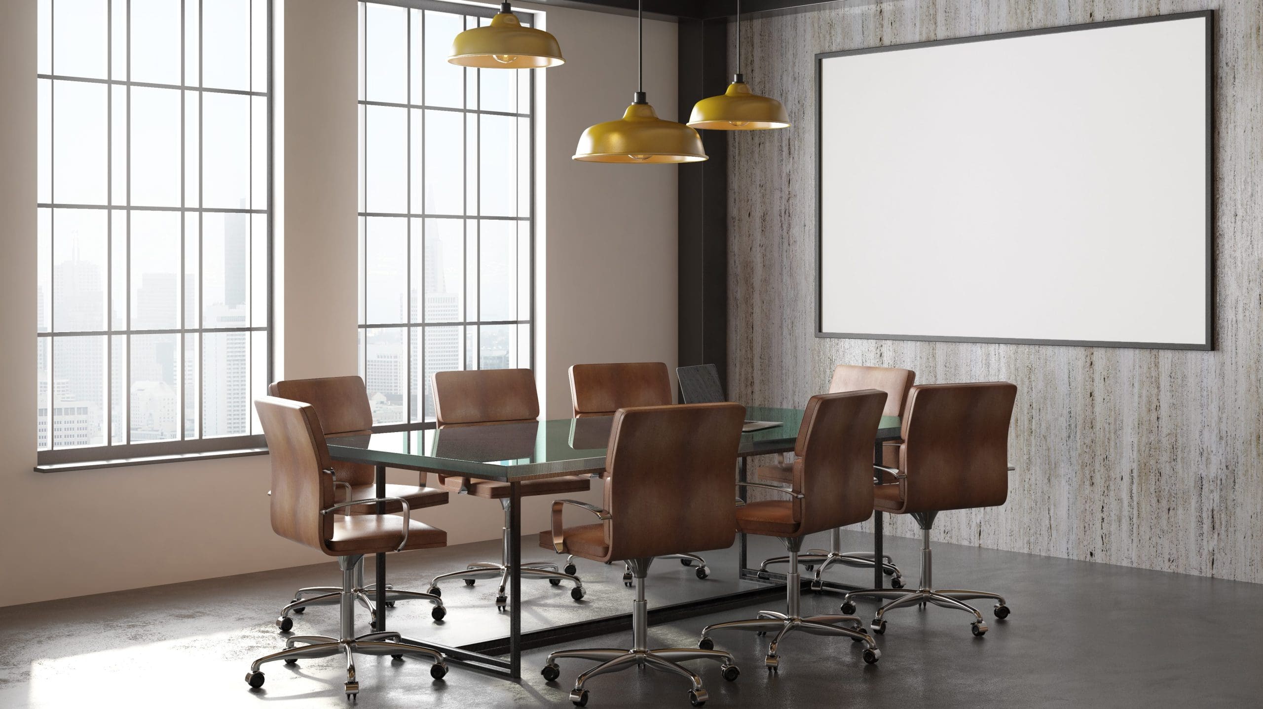 A modern conference room with a glass table surrounded by six brown leather chairs on wheels. Large windows on the left allow natural light to flood the space. Three yellow pendant lights hang from the ceiling, and a blank whiteboard is on the far wall.