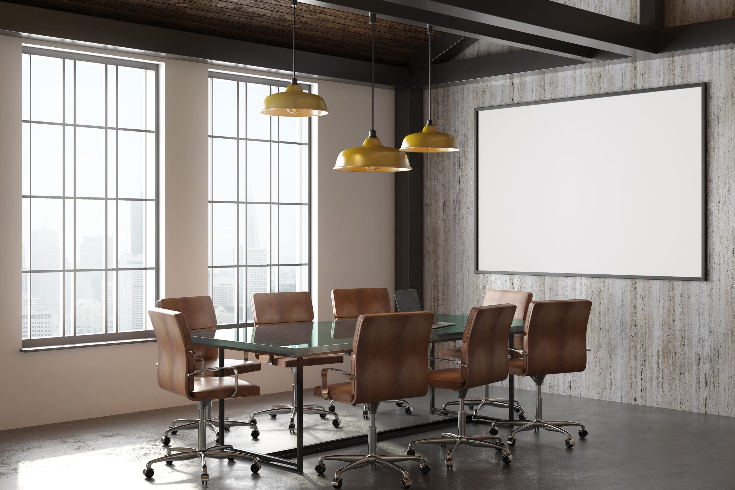 A modern conference room with a large glass table surrounded by six brown leather chairs. There are three yellow pendant lights hanging from the ceiling, large windows letting in natural light, and a blank whiteboard or projection screen on the wall.