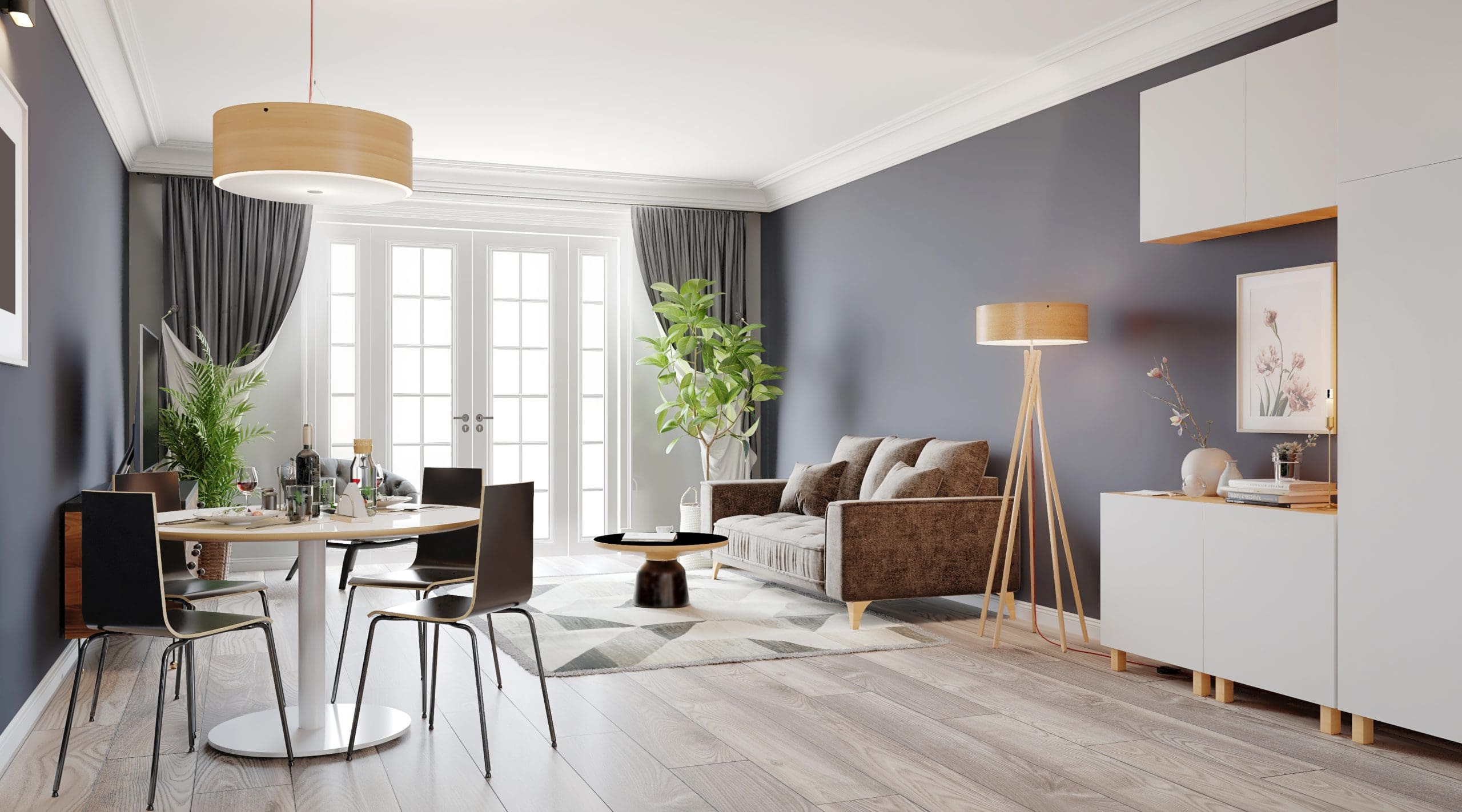 A modern living room with dark blue accent walls, a gray sofa, a wooden floor lamp, a round dining table with black chairs, and a white sideboard. The room has large French doors, letting in natural light, and is decorated with plants and minimalist art.