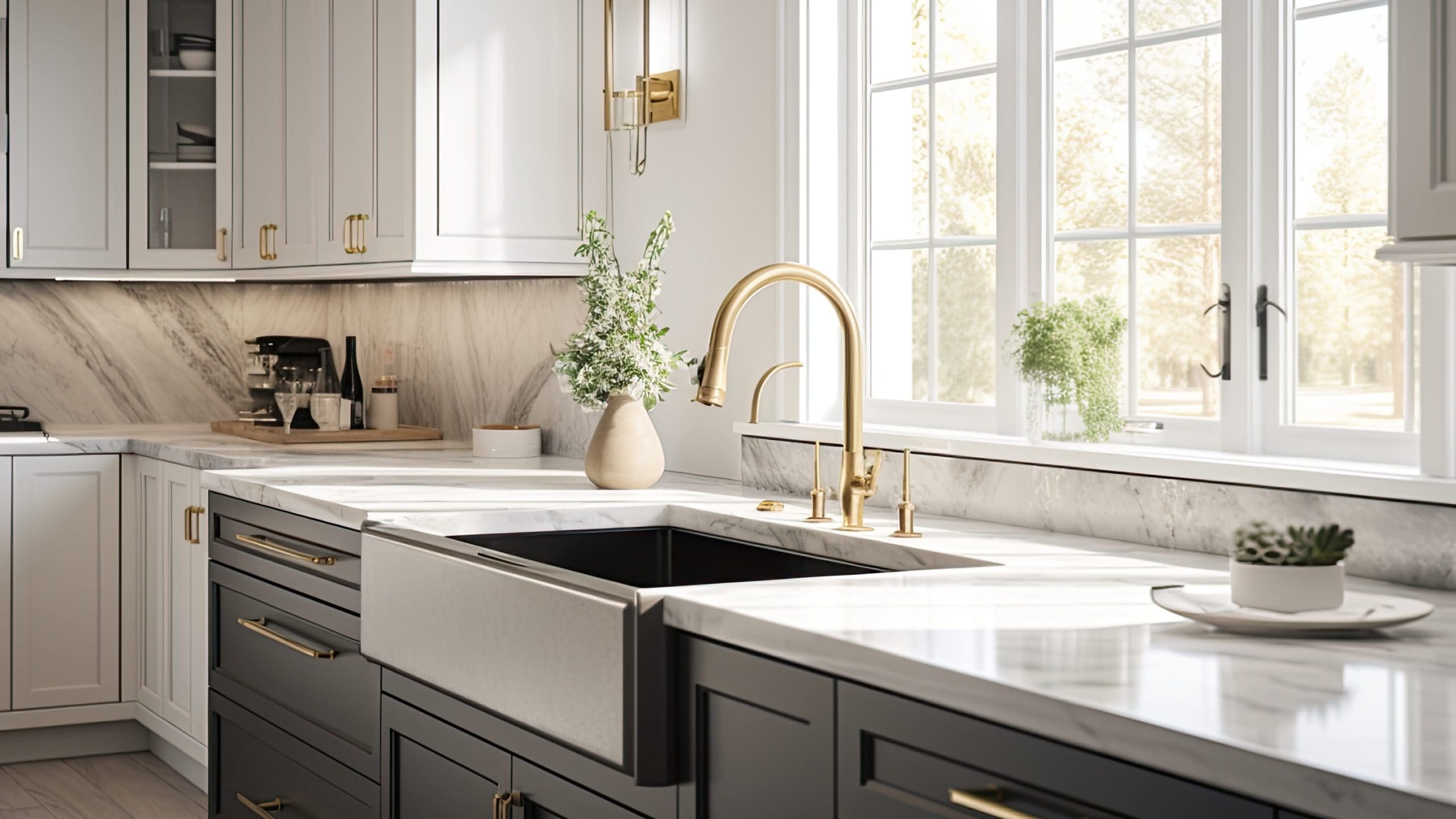 A modern kitchen featuring a large window with abundant natural light. The space includes gray cabinets, white countertops, a farmhouse-style sink with a brass faucet, and various decor items such as potted plants and a coffee maker on the counter.