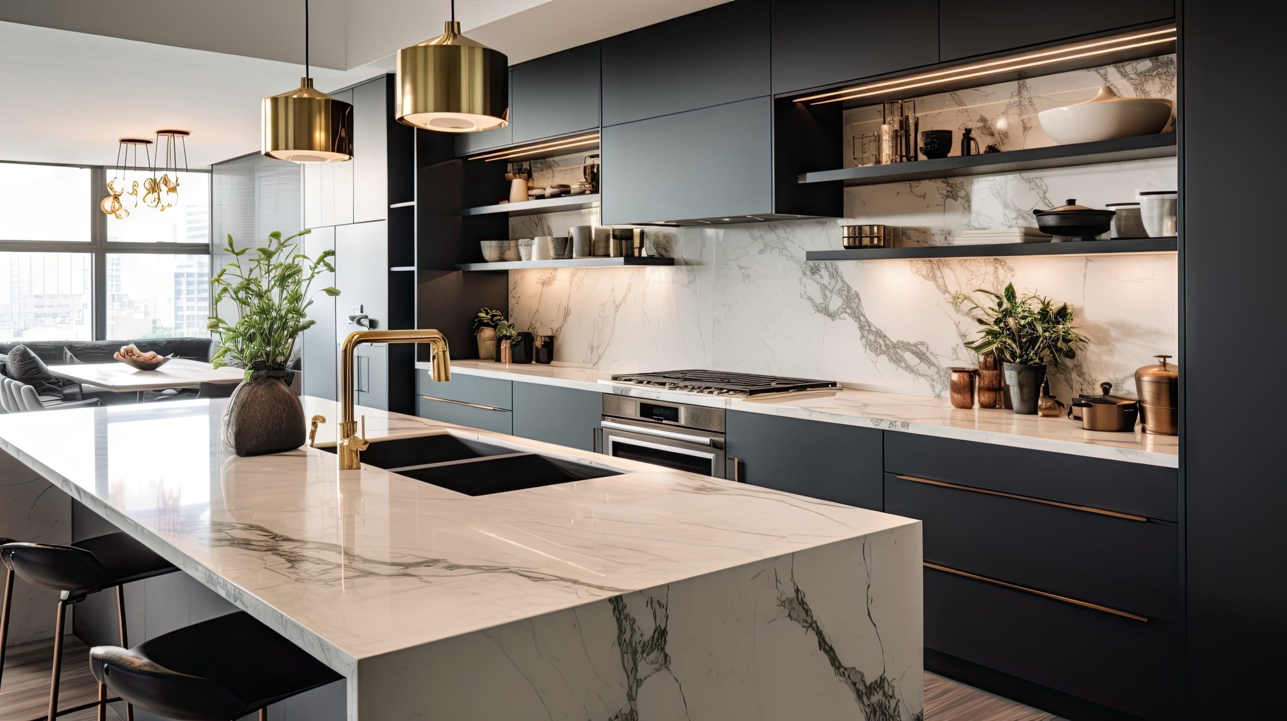 A modern kitchen with a sleek marble island and countertops, deep blue flat-panel cabinets, gold fixtures, and open shelves. Various kitchen tools and plants decorate the space. Large windows in the background bring in natural light.