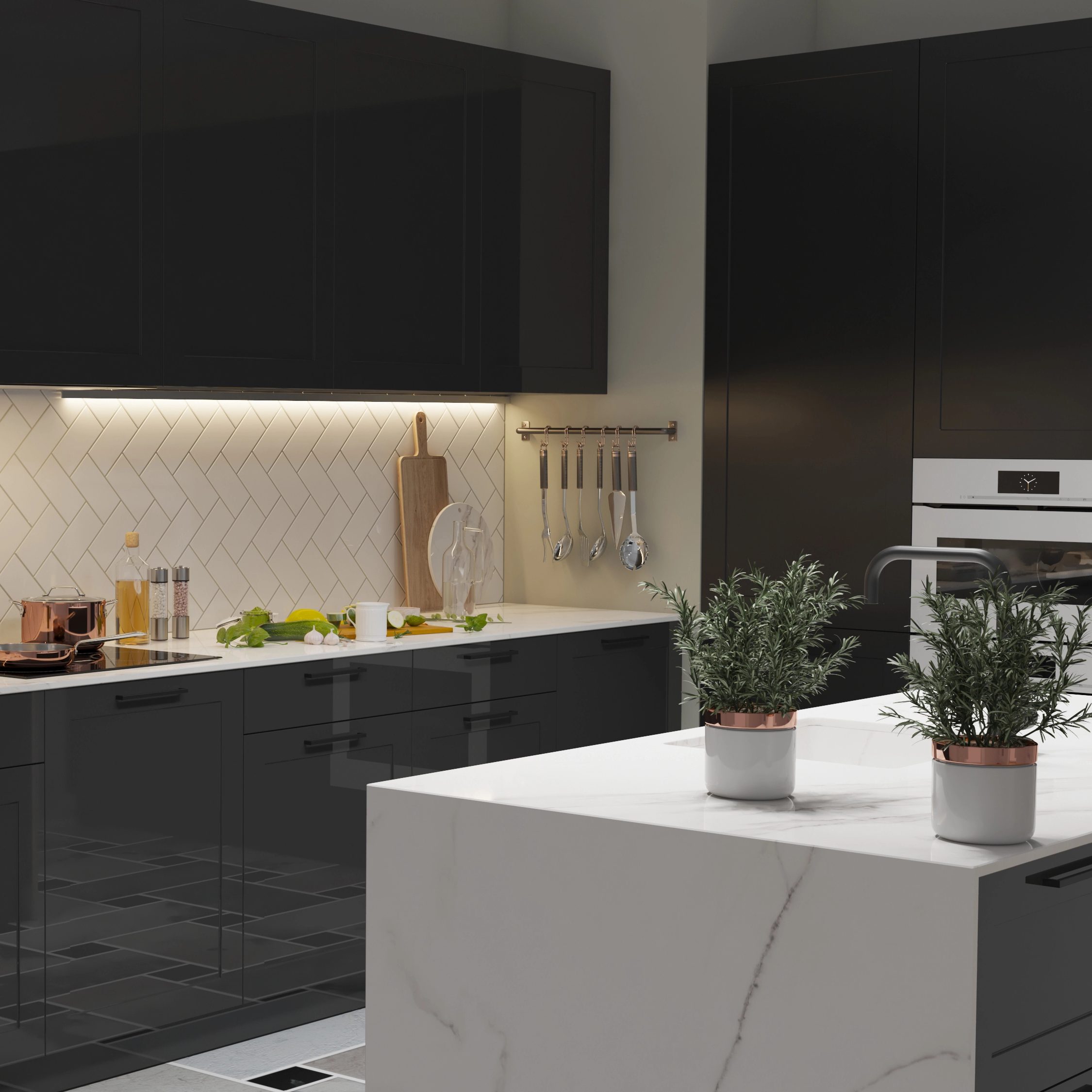 A modern kitchen features sleek black cabinets, a white countertop with matching backsplash in a herringbone pattern, and an island with a marble surface. Potted plants sit on the island, and various cooking utensils and ingredients are arranged on the countertop.