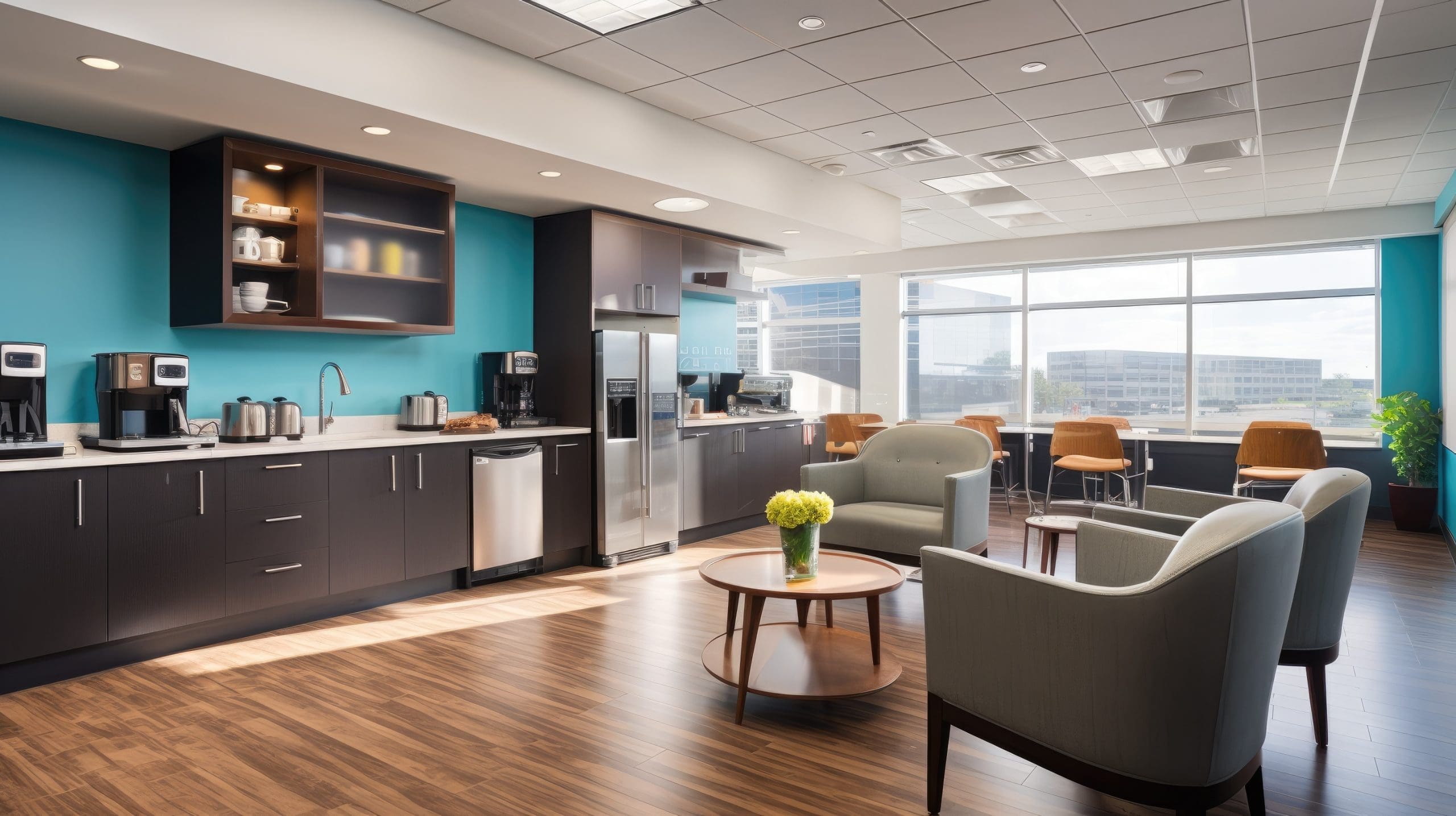 A modern office break room with large windows providing ample natural light. The space features a kitchenette with coffee machines, a sink, and a refrigerator. Comfortable chairs and tables are arranged for seating. The room has bright turquoise walls and wooden floors.