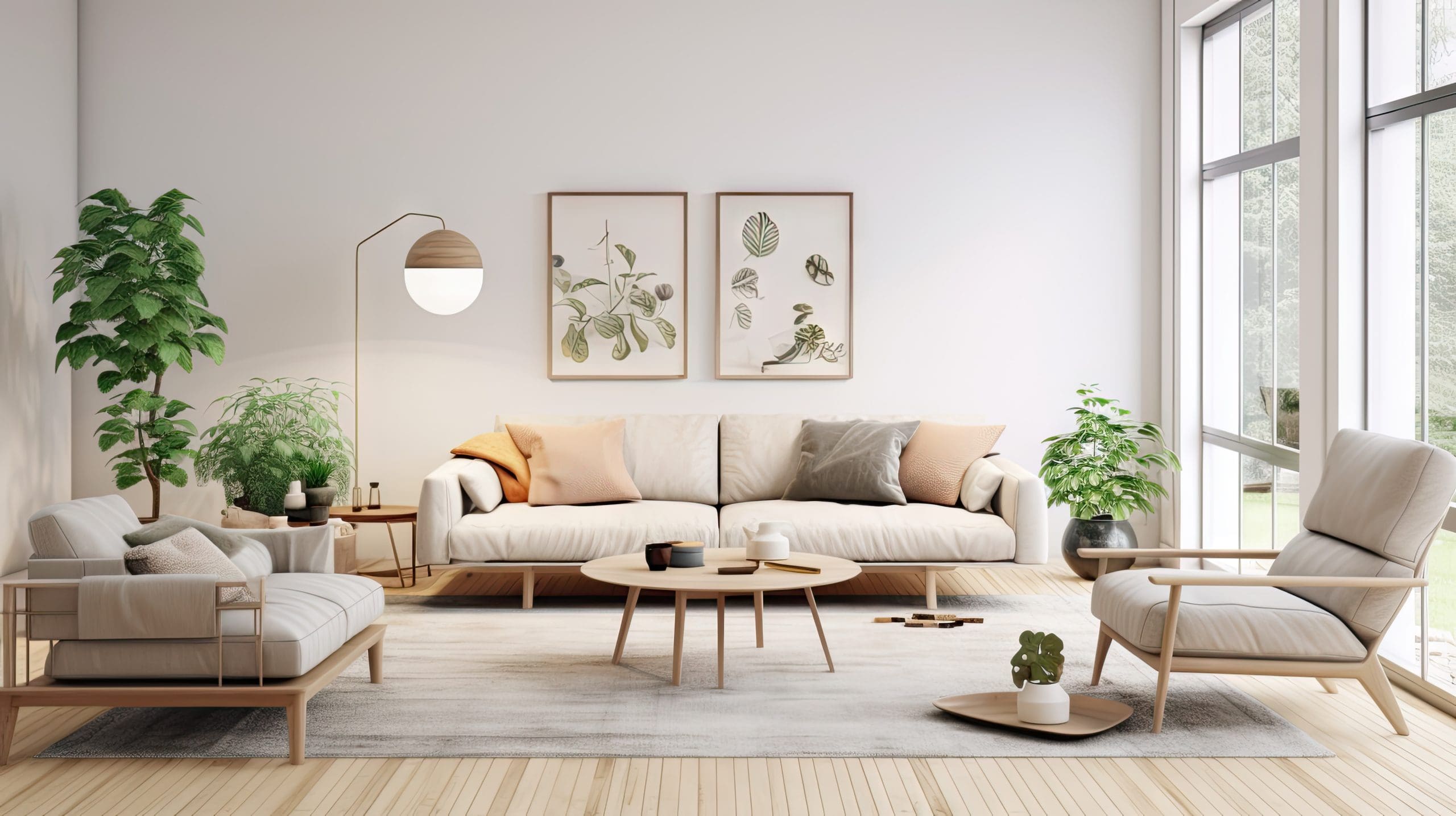 A bright, modern living room with a light beige sofa, two matching armchairs, and a round wooden coffee table. The room features potted plants, minimalistic decor, and two botanical-themed wall art pieces. Large windows bring in ample natural light.