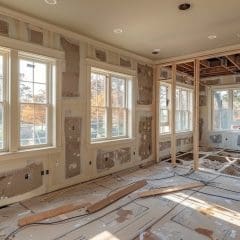 A room undergoing renovation with exposed walls and insulation. Sunlight streams through large windows, illuminating the scattered construction materials and tools on the floor. A partially constructed wooden frame stands in the center, suggesting ongoing work.