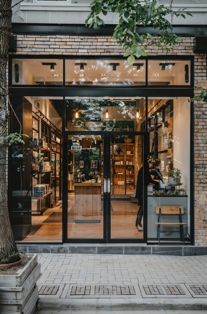 A modern storefront with large glass windows and a door, revealing a cozy and well-lit interior featuring wooden shelves and displays. A person inside is browsing items. Outside, there are potted plants and a tree in the foreground.