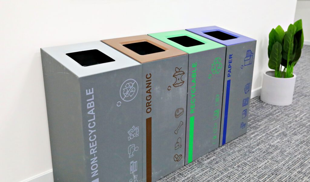 Four labeled bins for waste separation—non-recyclable, organic, recyclable, and paper—are lined up against a white wall on a gray carpet. A green potted plant stands nearby.