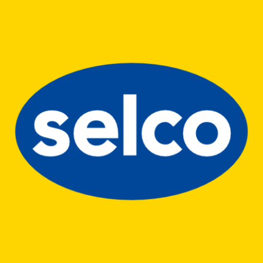 The image shows the word "selco" in bold white lowercase letters centered inside a blue oval, set against a bright yellow background.